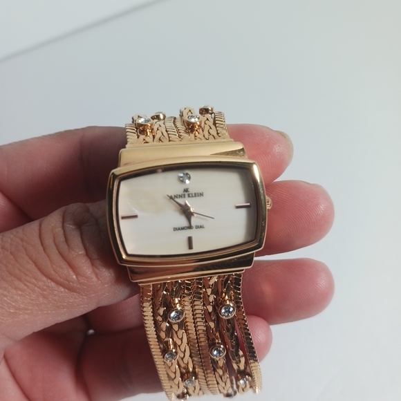 Anne Klein Womens Mother of Pearl Diamond Accented Dial Gold Tone Chain Watch - Picture 3 of 8